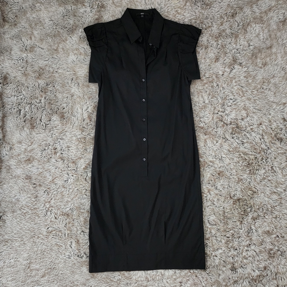 Boss Hugo Boss Button Down Ruffle Cap Sleeve Bodycon Midi Dress Black